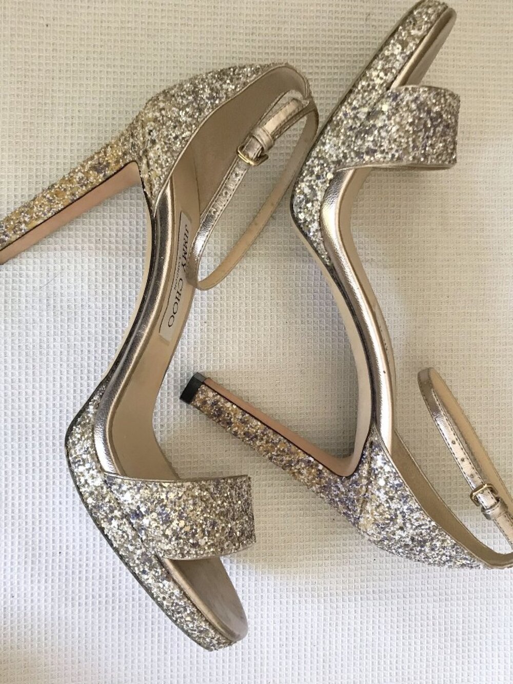 JIMMY CHOO Misty Metallic Glitter Sandal in Champagne, size 38 (US 8), Imperfect - Picture 11 of 16